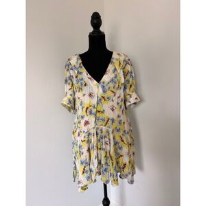 Free People Floral Mini Dress Yellow Blue V-Neck Puff Sleeve Rayon Small